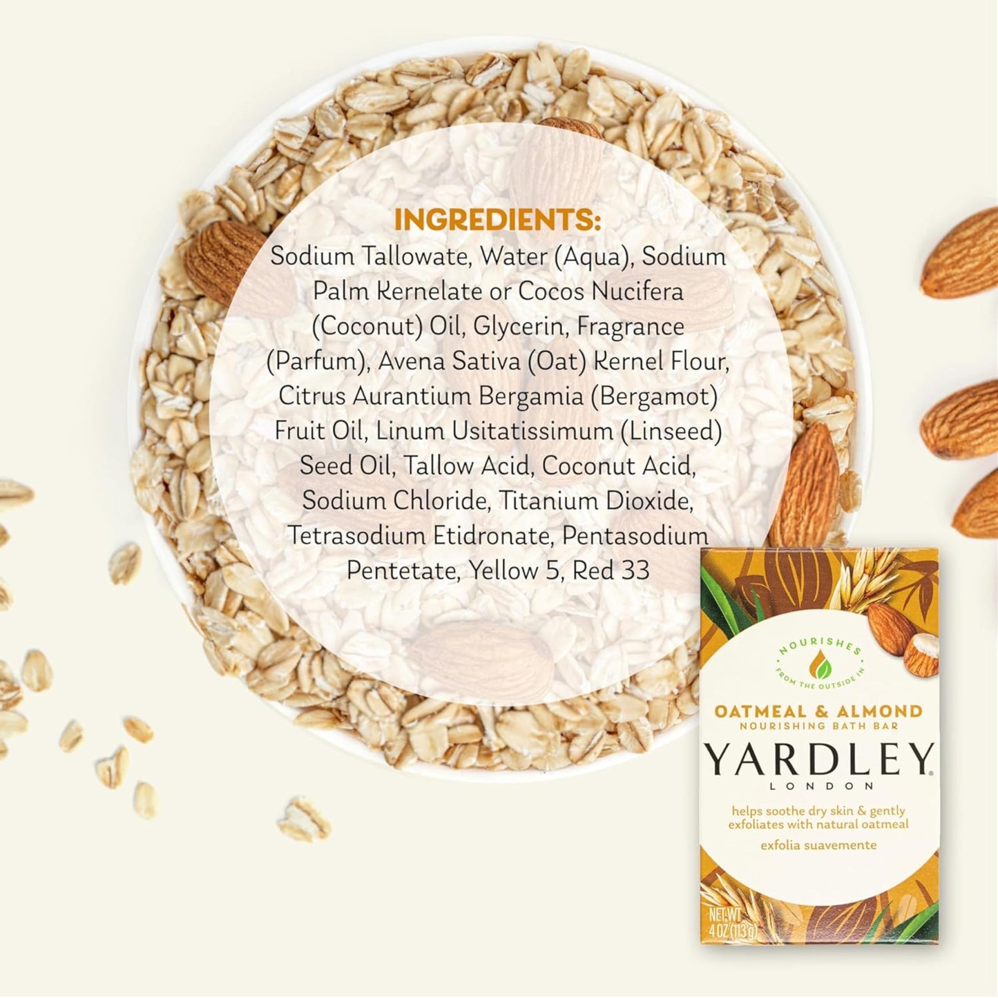 Yardley London Moisturizing Bar Oatmeal & Almond with Natural Oats 4.0 oz (Pack of 5)