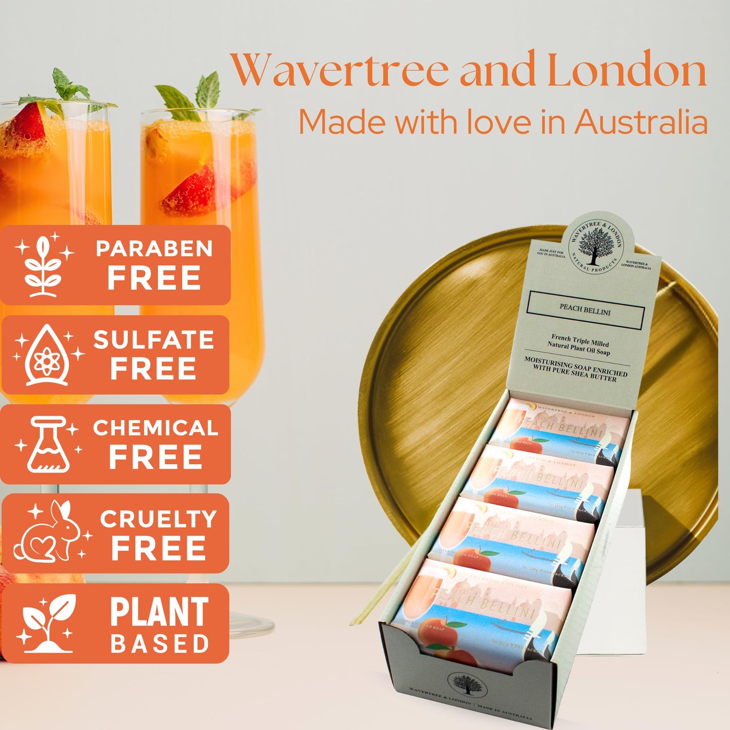 Wavertree & London Peach Bellini Scented Natural Soap (8 Bars), 7oz Moisturizing French Triple Milled Soap Bars enriched with shea butter - Pure Plant