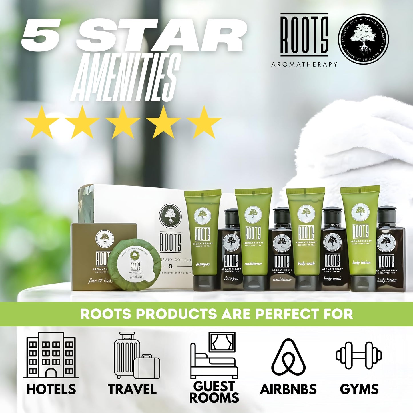 ROOTS AROMATHERAPY Travel+Essentials Shampoo and Conditioner Sets Body Wash Lotion & Soap,Guest Bathroom Essentials Toiletries Kit Bulk Mini Set Kits