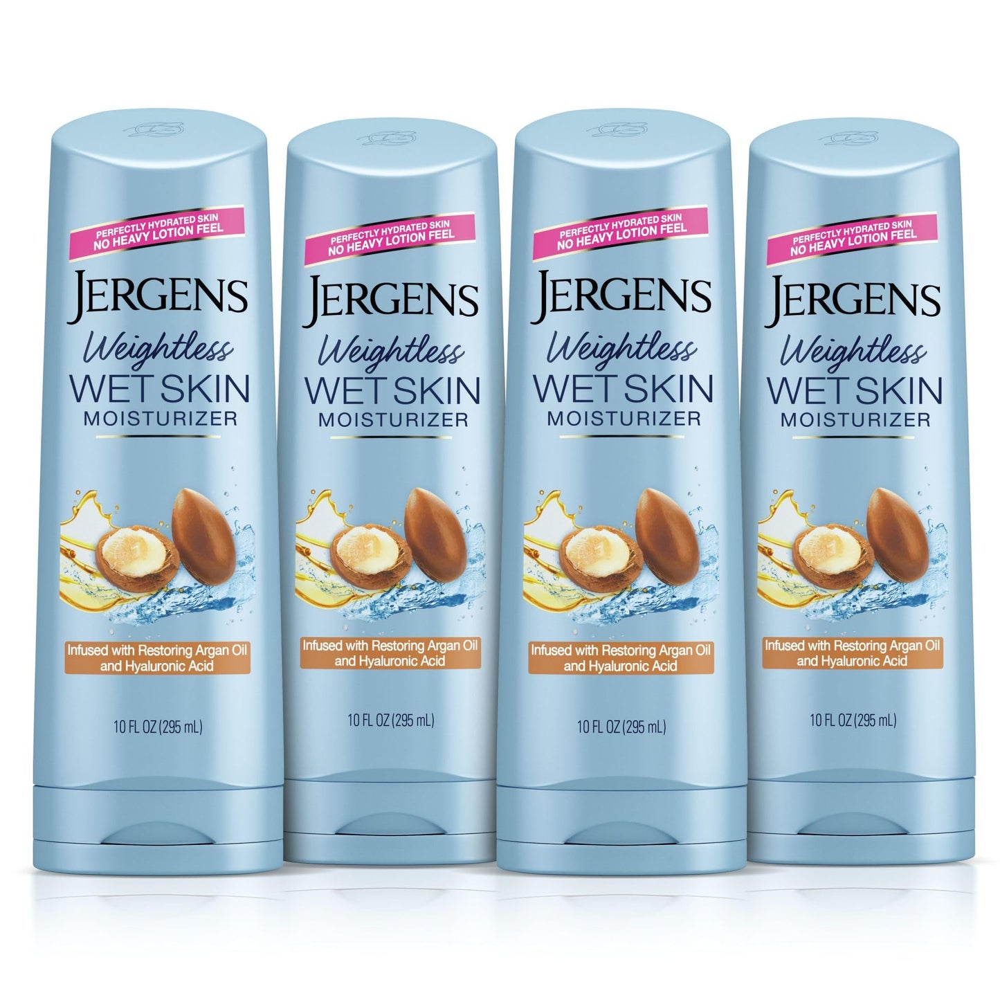 Jergens Wet Skin Body Moisturizer with Argan Oil, 4X Healthier Looking Skin, Fast-Absorbing, Non-Greasy, Dermatologist Tested, 10 Oz, Pack of 4