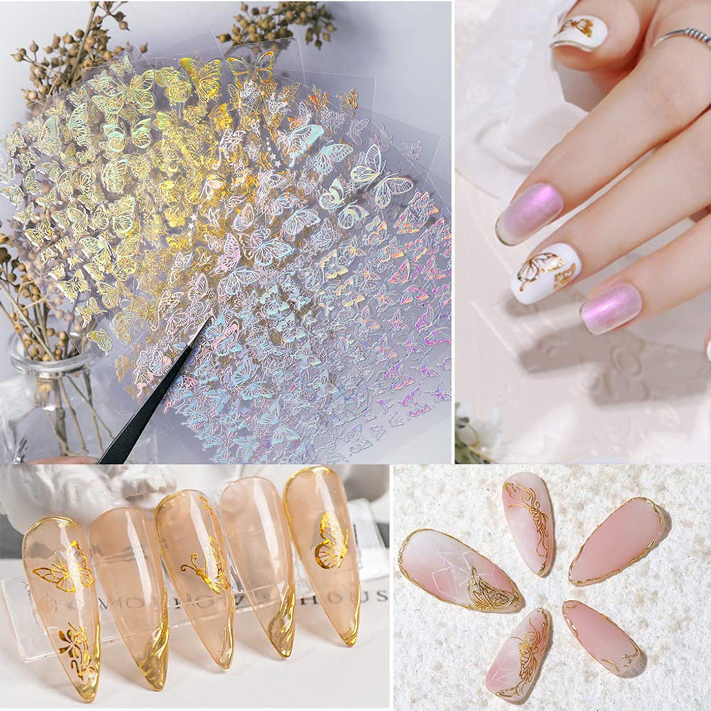 8 Sheets Butterfly Nail Adhesive Sticker - Laser Craft Glitter Gold and Silver Shapes for Art Design and Decoration - 3D Luxury Foils for Acrylic