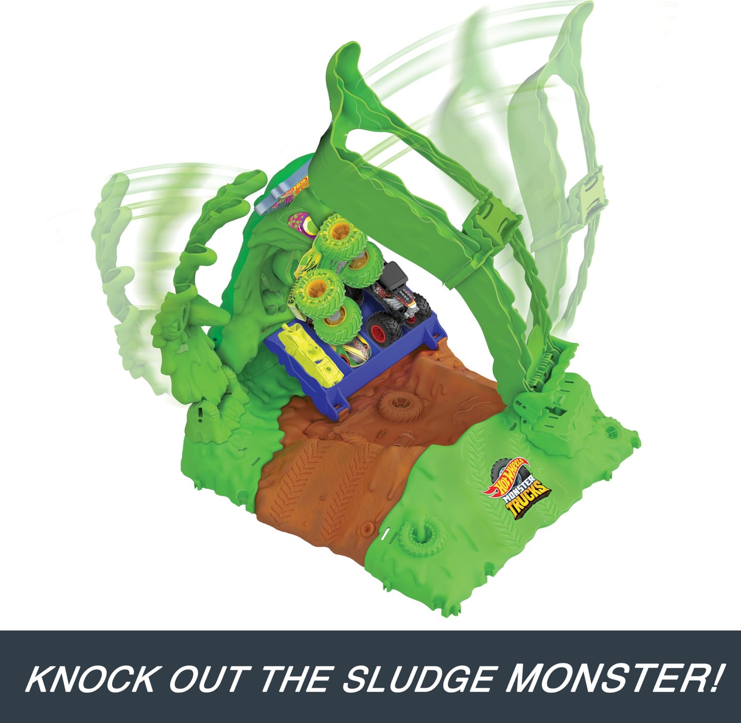 Hot Wheels Monster Trucks Arena Smashers Glow-in-The-Dark Gunkster Playset with 1 Glow-in-The-Dark 1:64 Scale Gunkster Toy Truck & 2 Crushable Cars