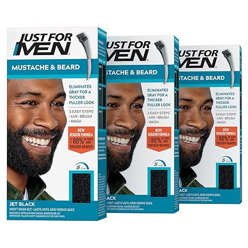 Just For Men Mustache & Beard, Beard Coloring for Gray Hair with Brush, With Keratin Biotin Aloe and Coconut Oil for Healthy Facial Hair - Jet Black