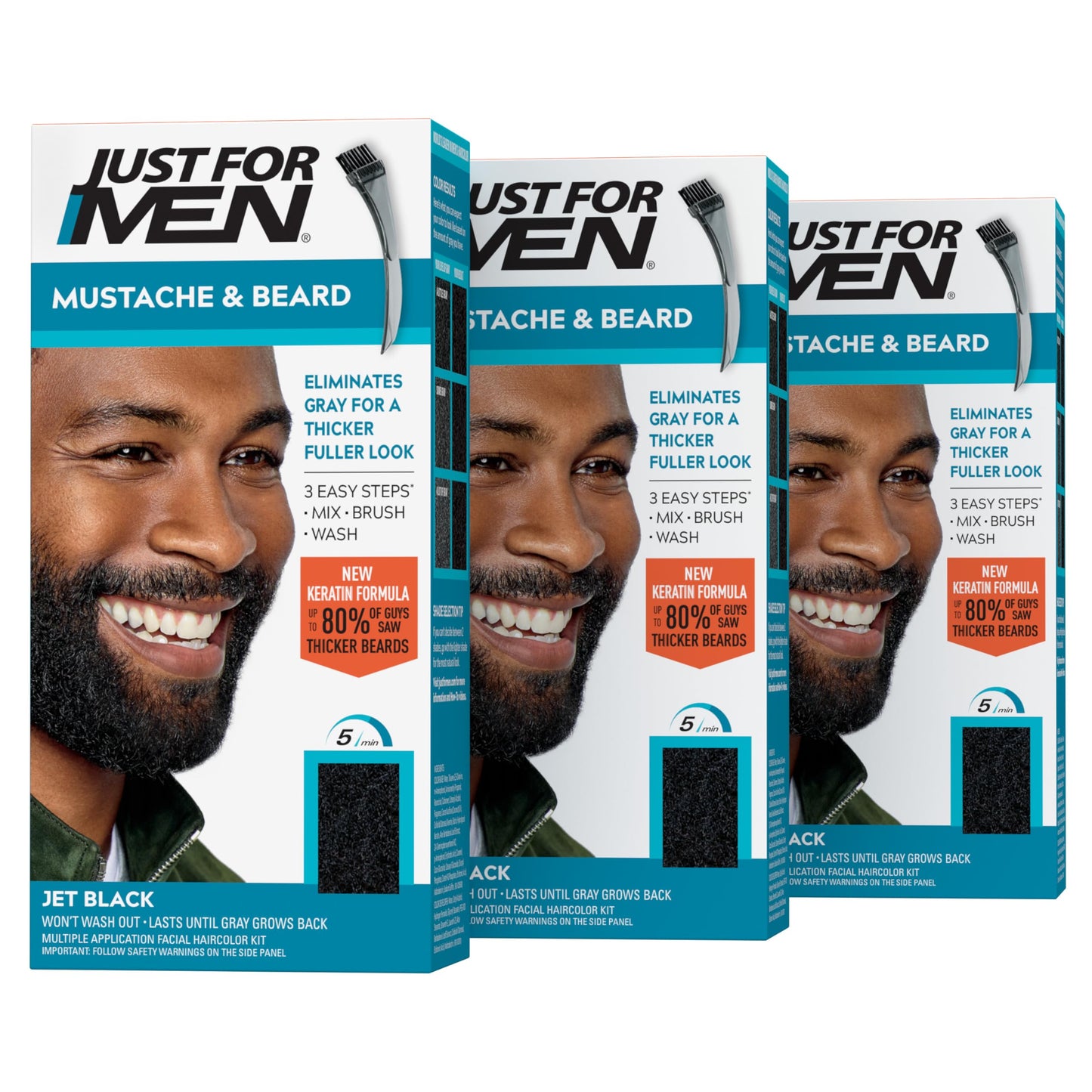 Just For Men Mustache & Beard, Beard Coloring for Gray Hair with Brush, With Keratin Biotin Aloe and Coconut Oil for Healthy Facial Hair - Jet Black