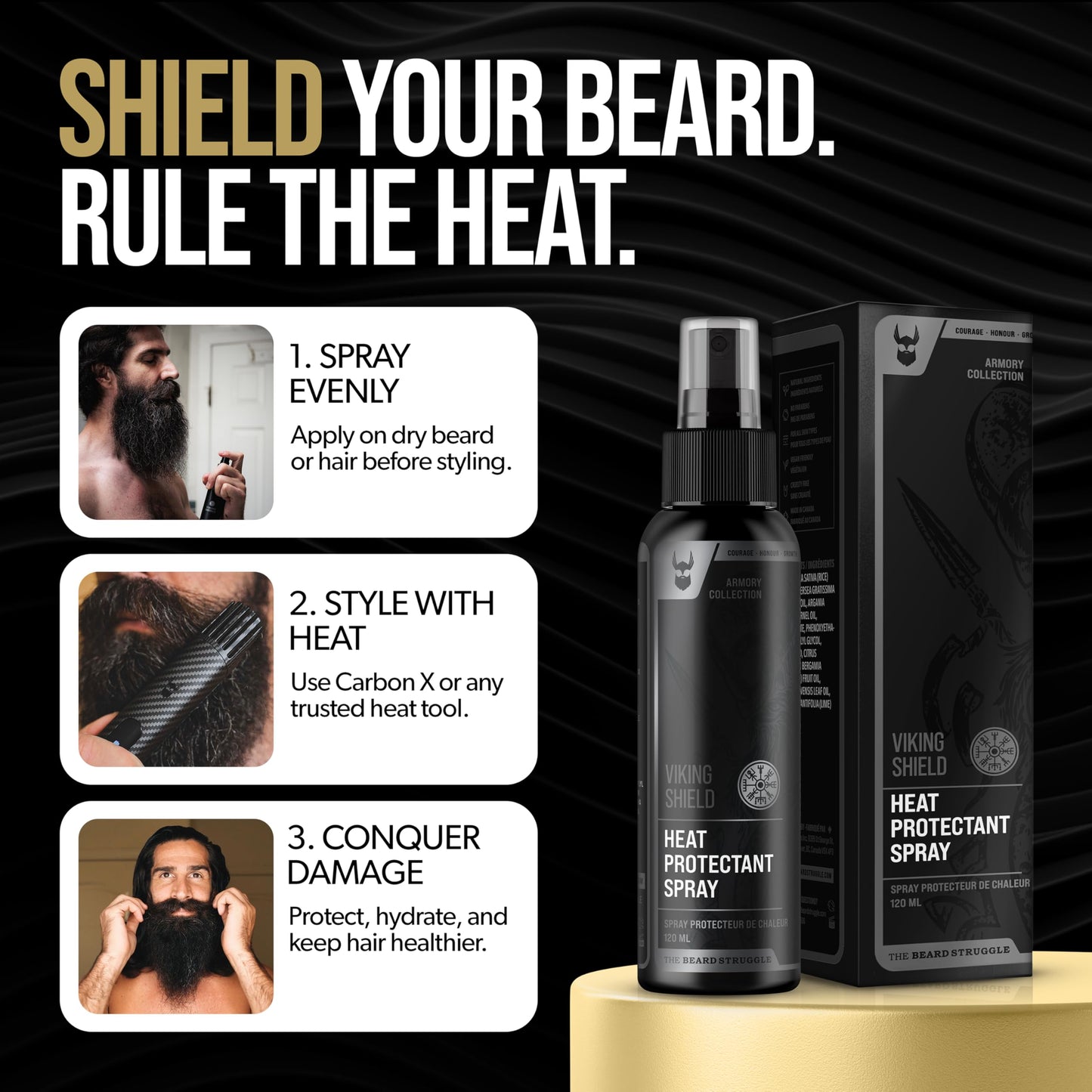 Beard & Hair Heat Protectant Spray - Viking Shield Beard Spray for Men, Protects Hair from Heat Damage of Straightener and Styling - Argan Oil Thermal
