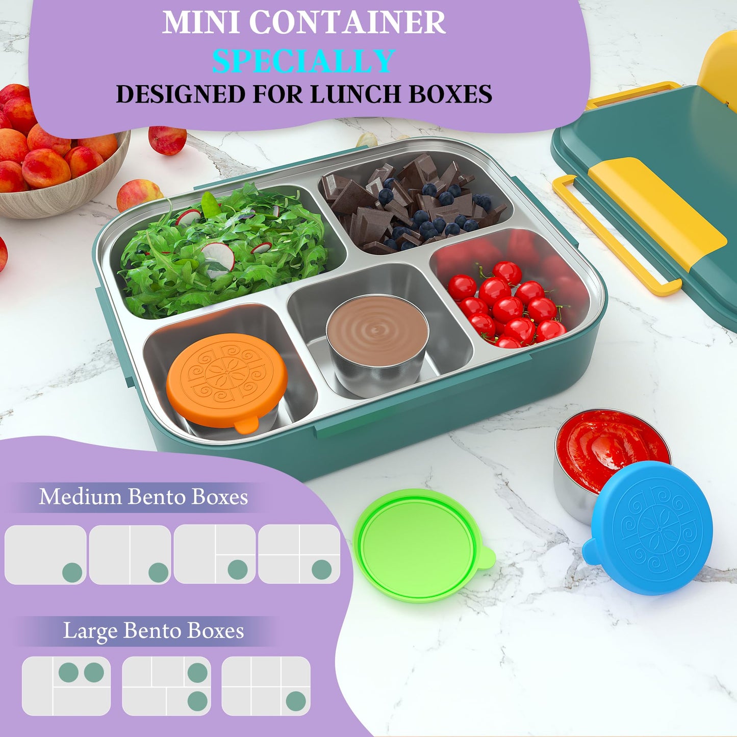 6-Pack 1.6oz Salad Dressing Containers with Lids, Leakproof Reusable Stainless Steel for Lunch Boxes, Sauces, Picnics, Travel & Kitchen Storage