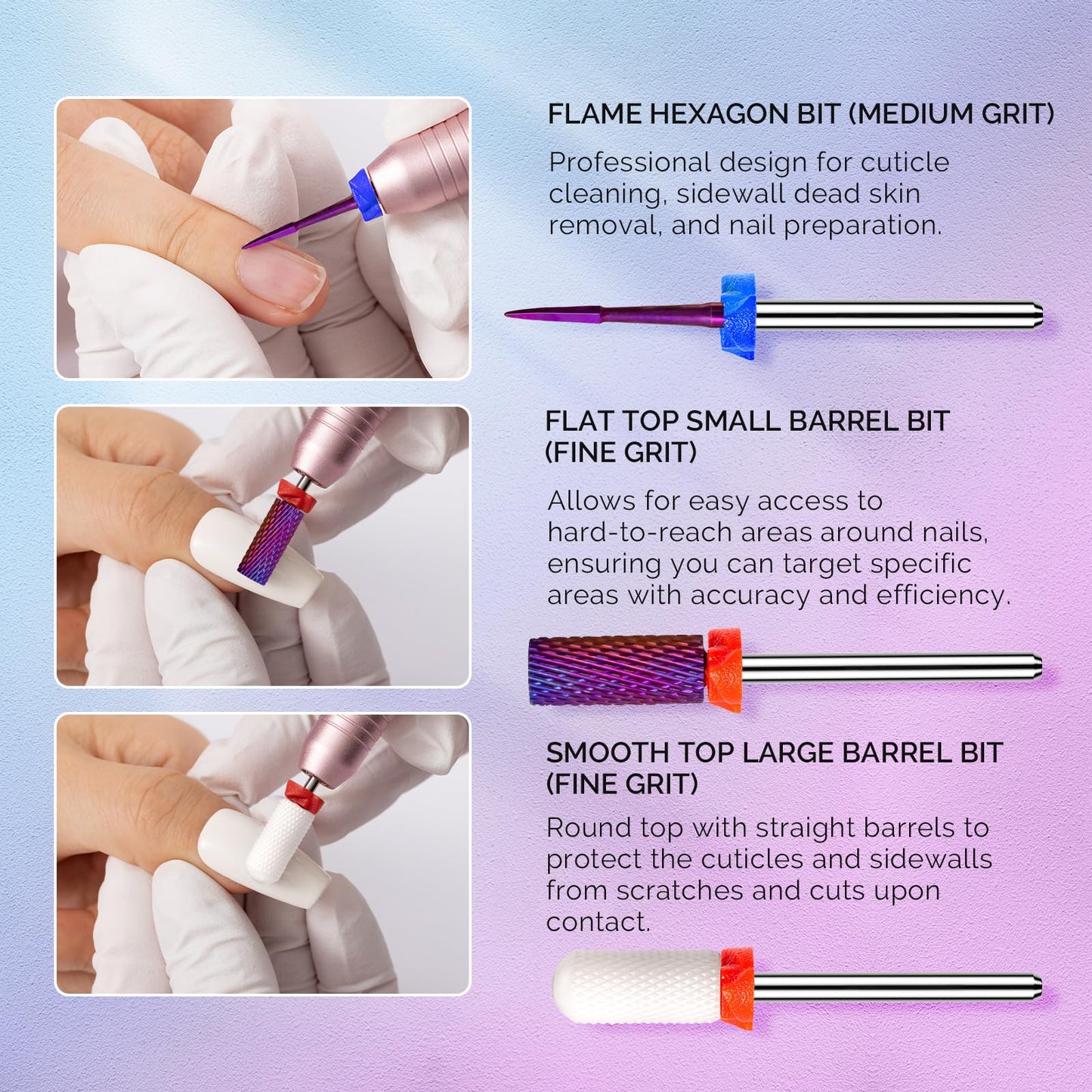 MelodySusie 3Pcs Nail Drill Bits Set, 3/32'' Tungsten Ceramic Bits, Flame Hexagon, Flat Top Small Barrel and Smooth Top Large Barrel Bits, Suitable Beauty and Personal Care MelodySusie