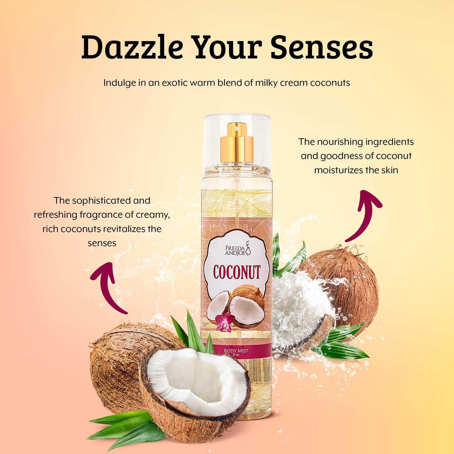 Luxurious Coconut Body Mist Fine Fragrance, Women's Warm & Cozy Luxury Scented Gifts & Presents, 8oz Fine Mist Spray Bottle (Coconut)
