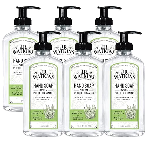 J.R. Watkins Gel Hand Soap, Scented Liquid Hand Wash for Bathroom or Kitchen, USA Made and Cruelty Free, 11 fl oz, Aloe & Green Tea, 6 Pack