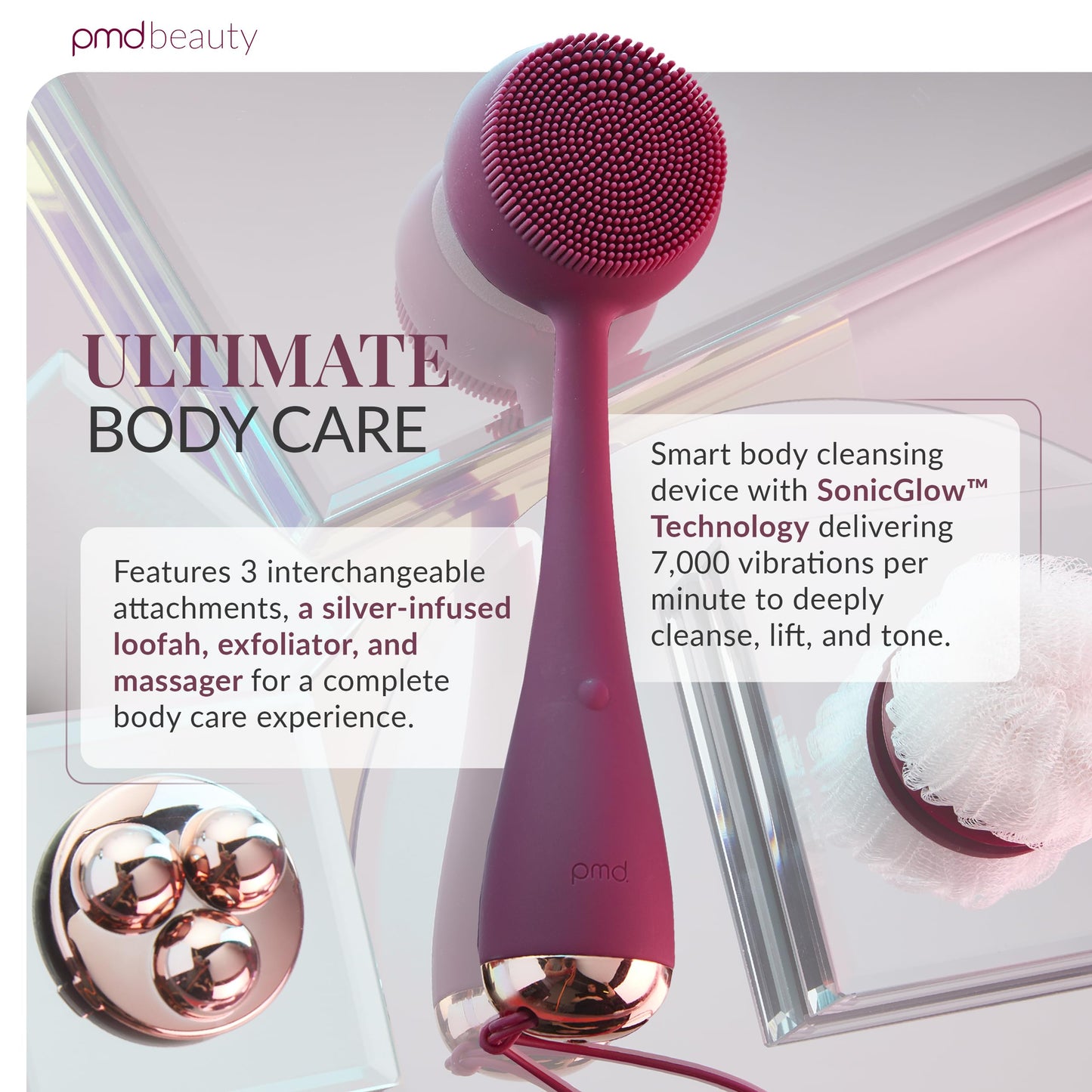 PMD Clean Body - Smart Body Cleansing Device with Silicone Brush & Three Interchangeable Attachments - Waterproof - SonicGlow Vibration - Cleanse
