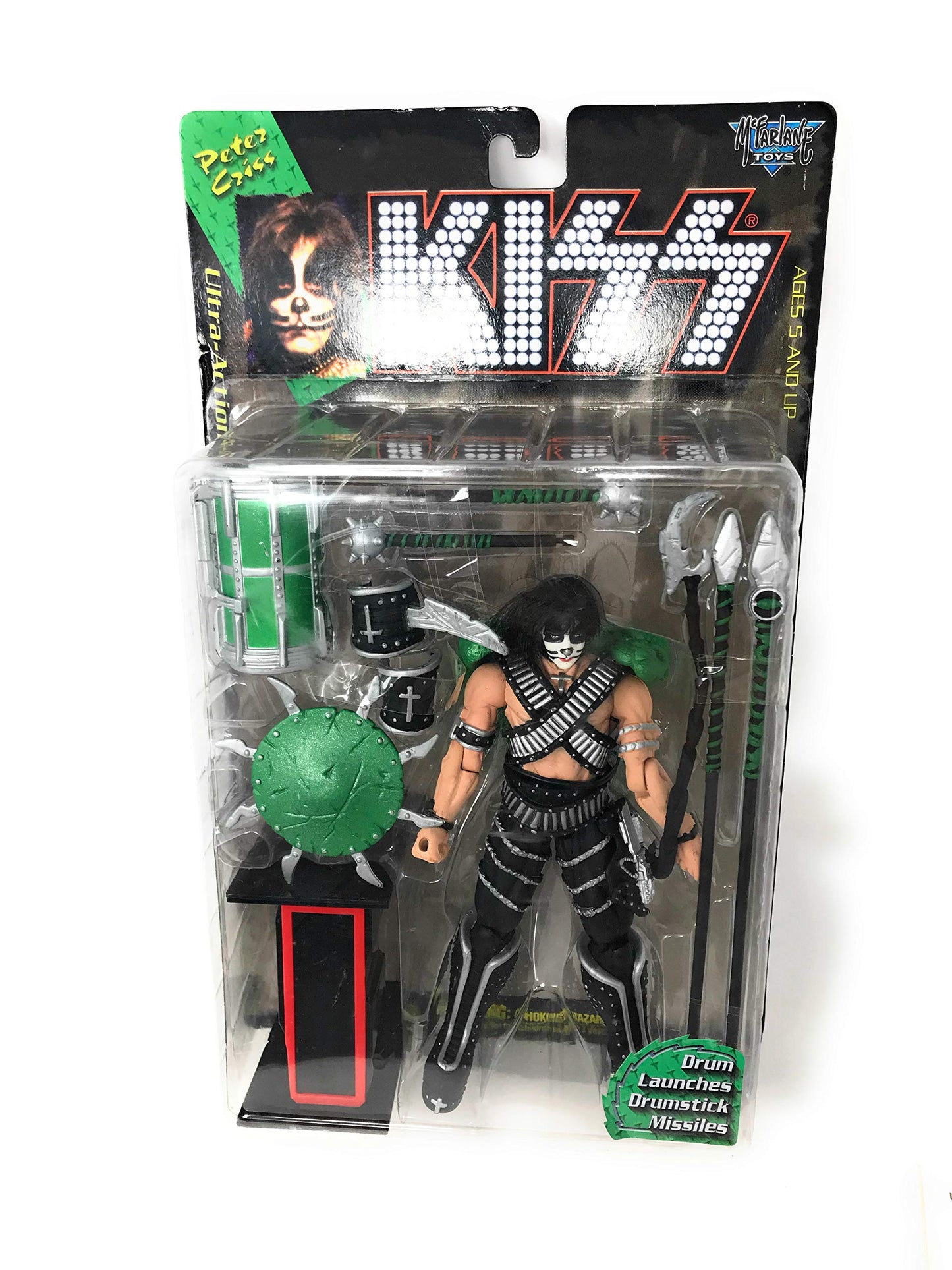 1997 - McFarlane - KISS - Peter Criss - Ultra Action Figure - Drum Launches Drumstick Missiles & Letter I - Rare - Out of Prodcution - Limited…