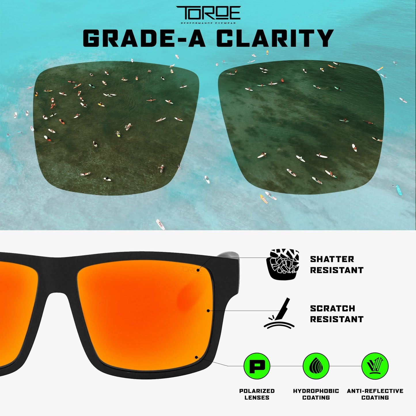 TOROE Eyewear Matte Black RANGE XL Frame Sunglasses Light Weight TR90 Frame, Polarized Polycarbonate Lens (Matte Black | Black Emblem, Fire Red (C3))