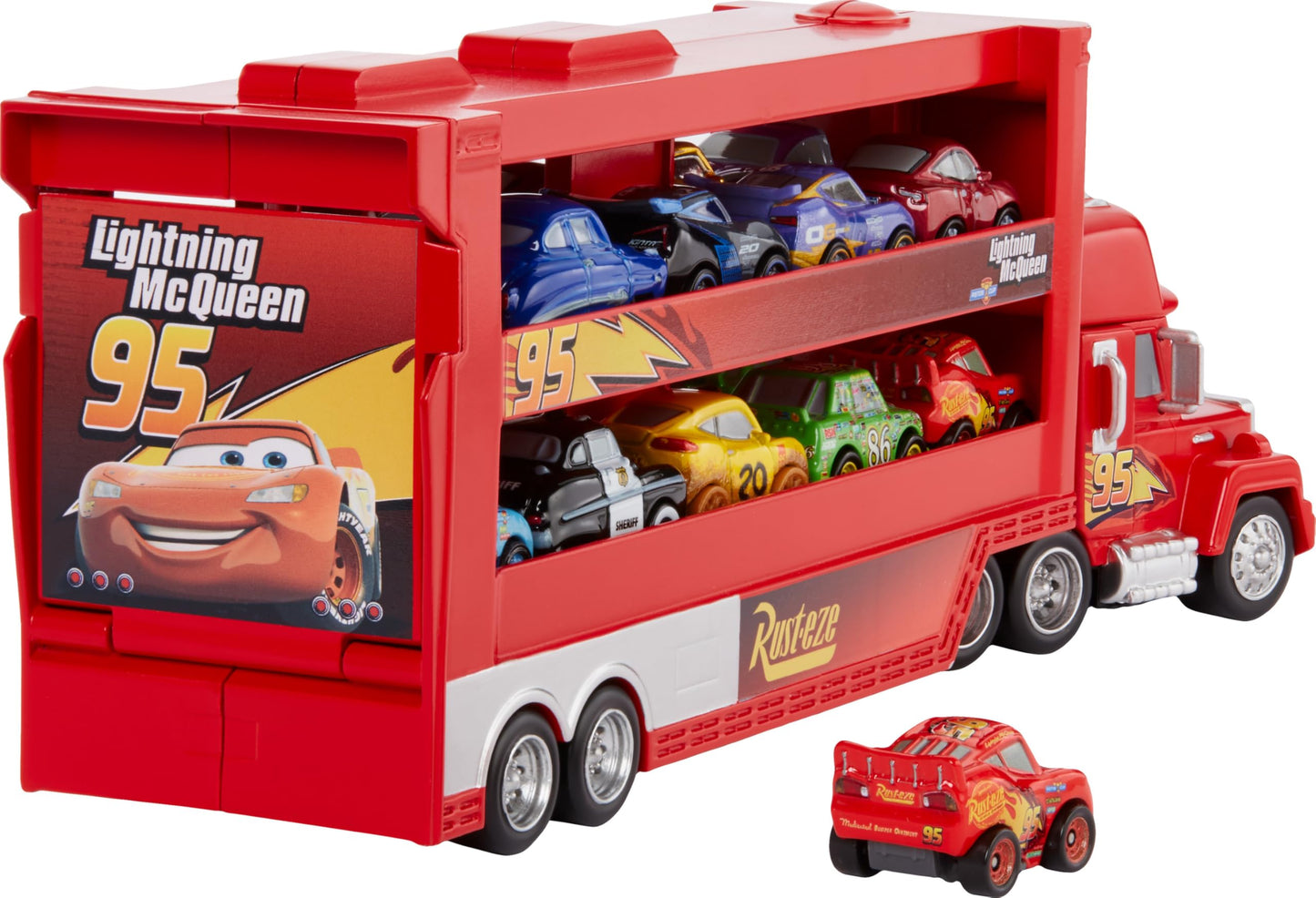 Mattel Disney Pixar Cars Mini Mack Racers Hauler & 1 Toy Car, Transporter Truck Holds 18 Minis, Collectible Set