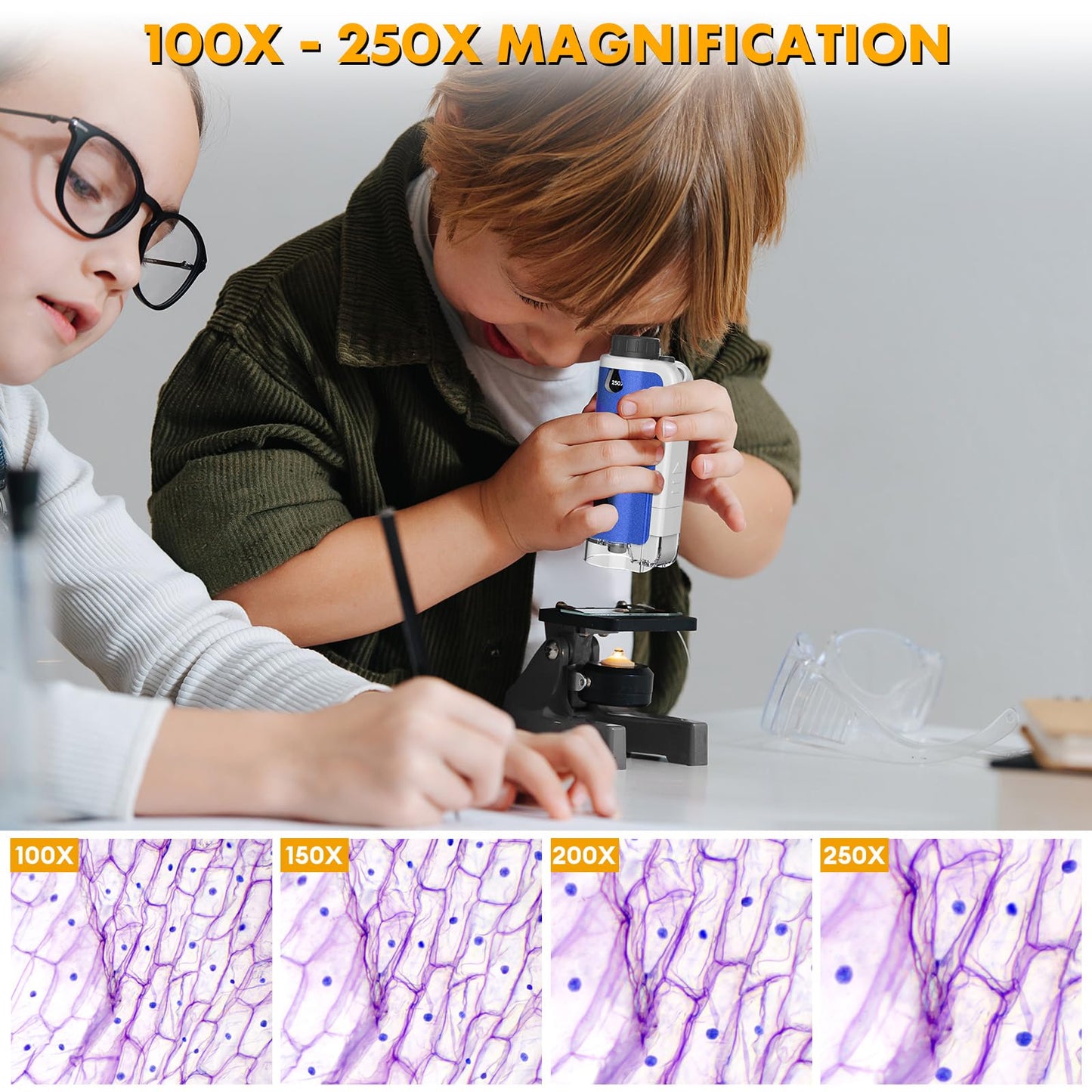 FUICZSN Portable Handheld Mini Microscope for Kids, 100x-250x Zoom with LED Lights, Alloy Pocket Microscope for Boys & Girls, Educational Science Kit (Blue)