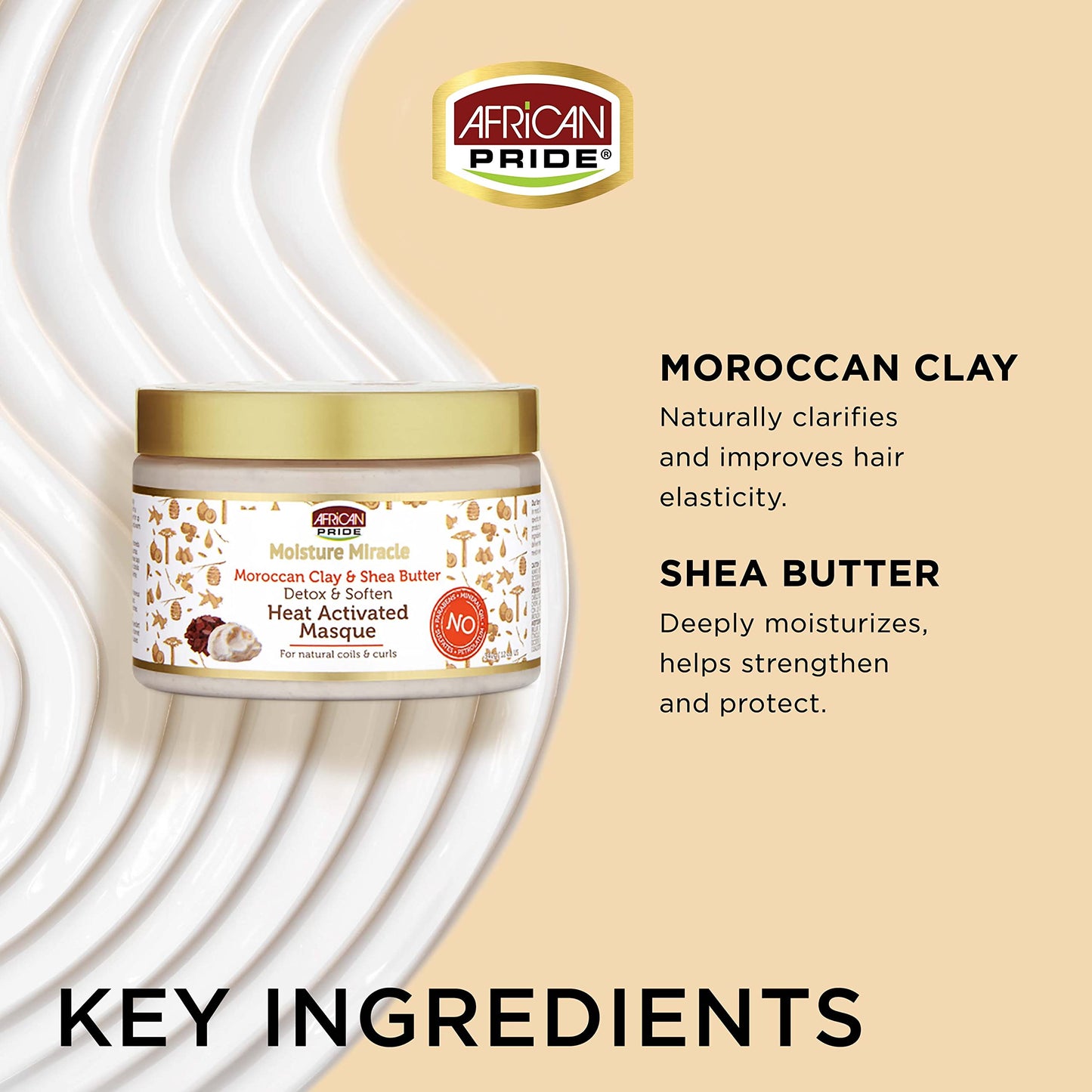 African Pride Moisture Miracle Moroccan Clay & Shea Butter Heat Activated Masque - For Natural Coils & Curls, Detoxes & Softens, Removes Impurities