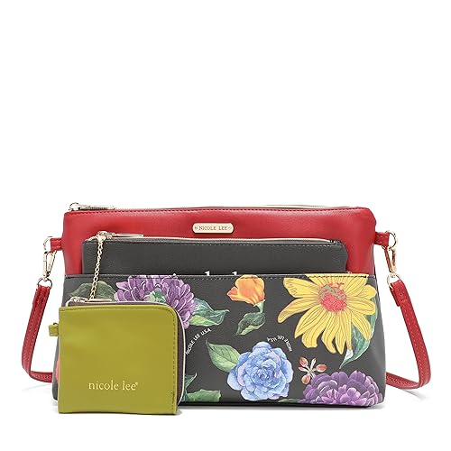 NICOLE LEE 3 Pieces Handbag Pouch Set, Removable Crossbody Strap, Large, Medium Small Zip Pouches, Travel Set (Be My Valentine)