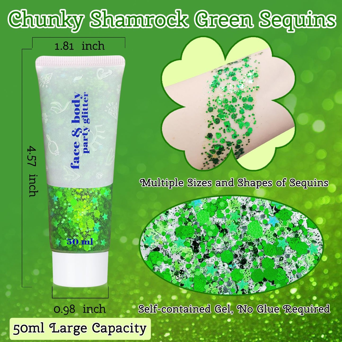 Green Body Glitter Gel,Festival Rave St Patricks Day Accessories Face Glitter for Face Body Hair,Alien Paint for Women Chunky Glitter Gel,Holographic
