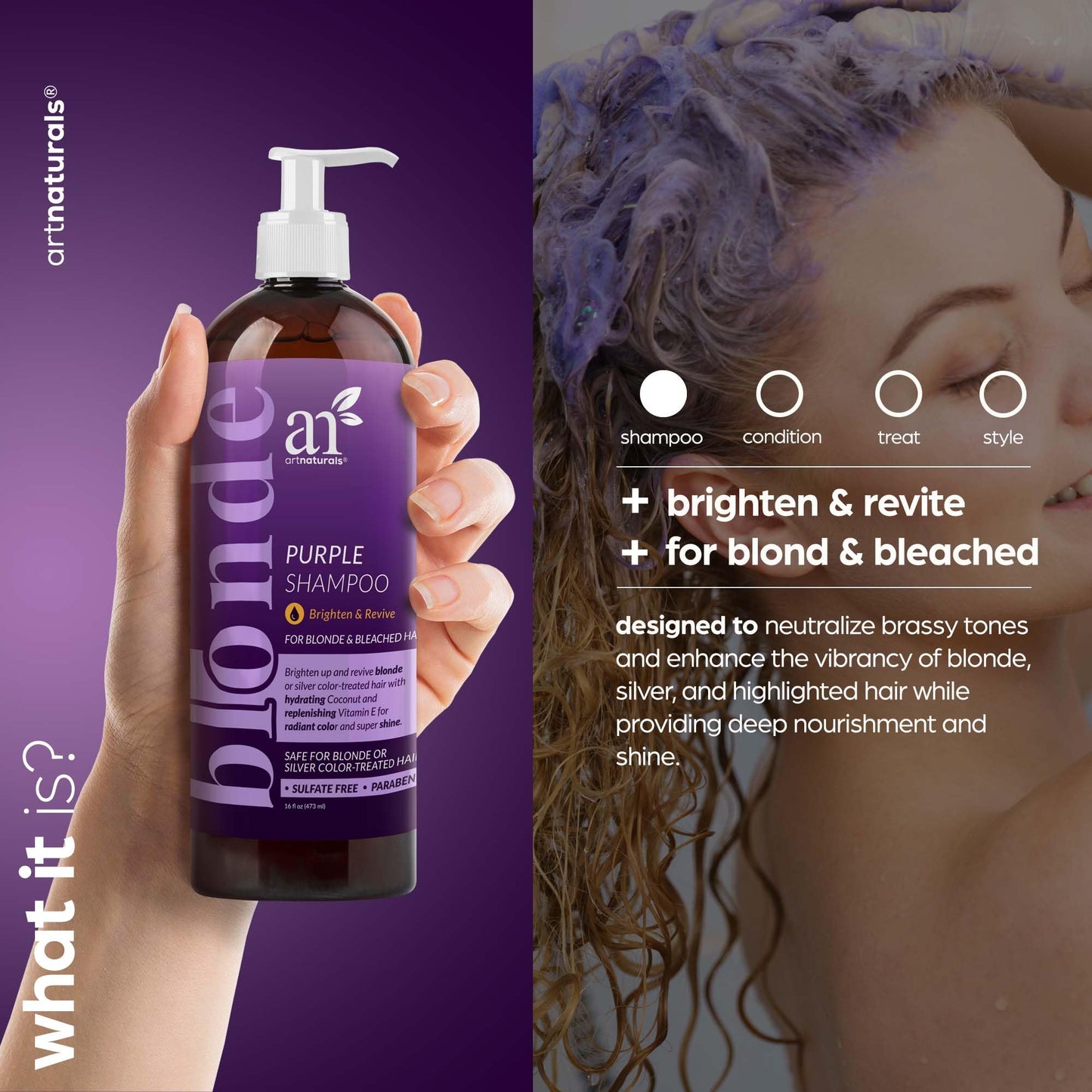 Artnaturals Purple Shampoo - (16 Fl Oz / 473ml) - Protects, Balances and Tones - Bleached, Color Treated, Silver, Brassy and Blonde Hair - Sulfate