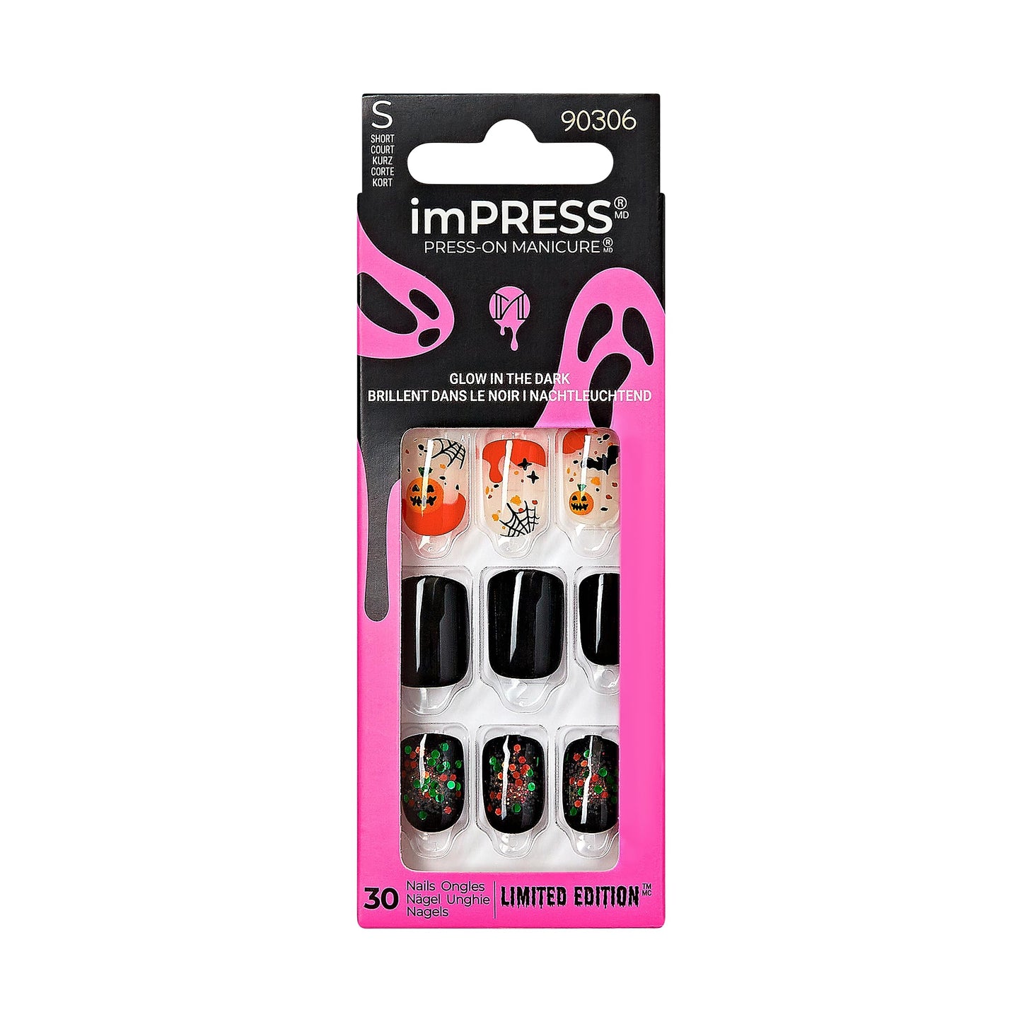 KISS imPRESS Press-On Manicure Halloween, Black, Short Length, Square Shape, PureFit Technology, Chip Proof, Smudge Proof, Waterproof, Prep Pad, Mini Beauty & Personal Care imPRESS