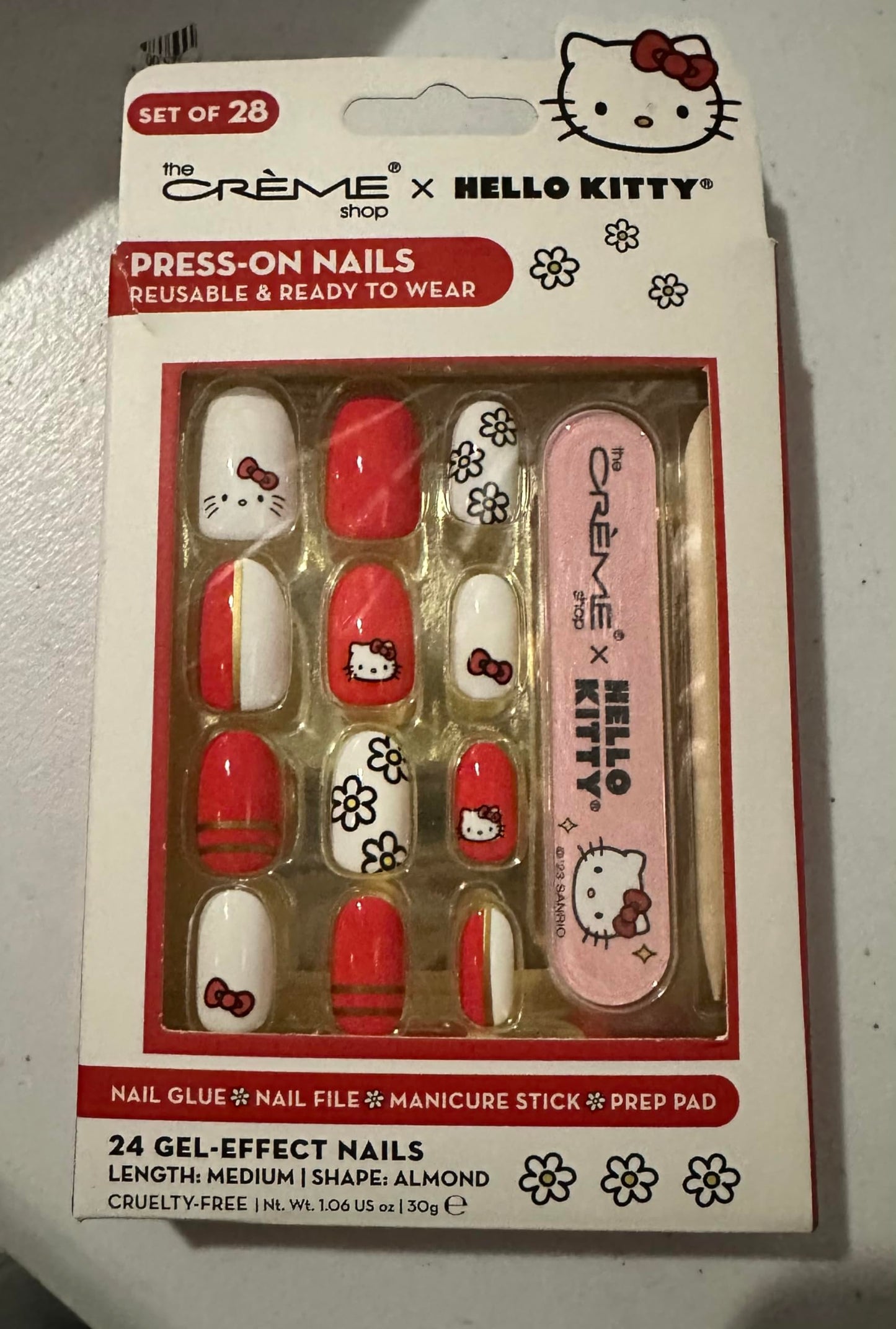 The Creme Shop Hello Kitty press-on nails reusable & ready to wear medium lenght almond shape with nail glue, nail file, manicure stick and prep Beauty & Personal Care The Crème Shop