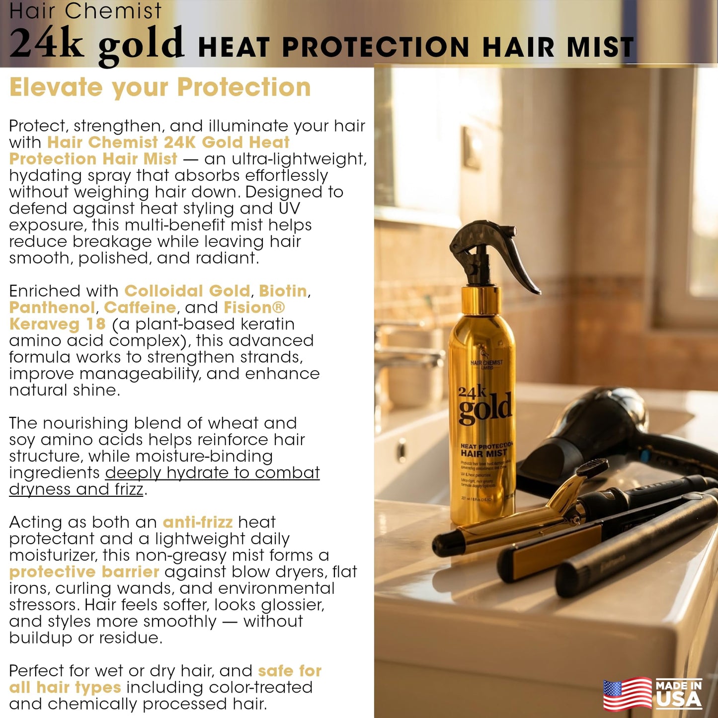 Hair Chemist 24k Gold Heat Protection Hair Mist 8 Ounce- UV & Thermal Heat Protectant Spray for Blow Drying & Flat Iron- Anti-Frizz and Shine