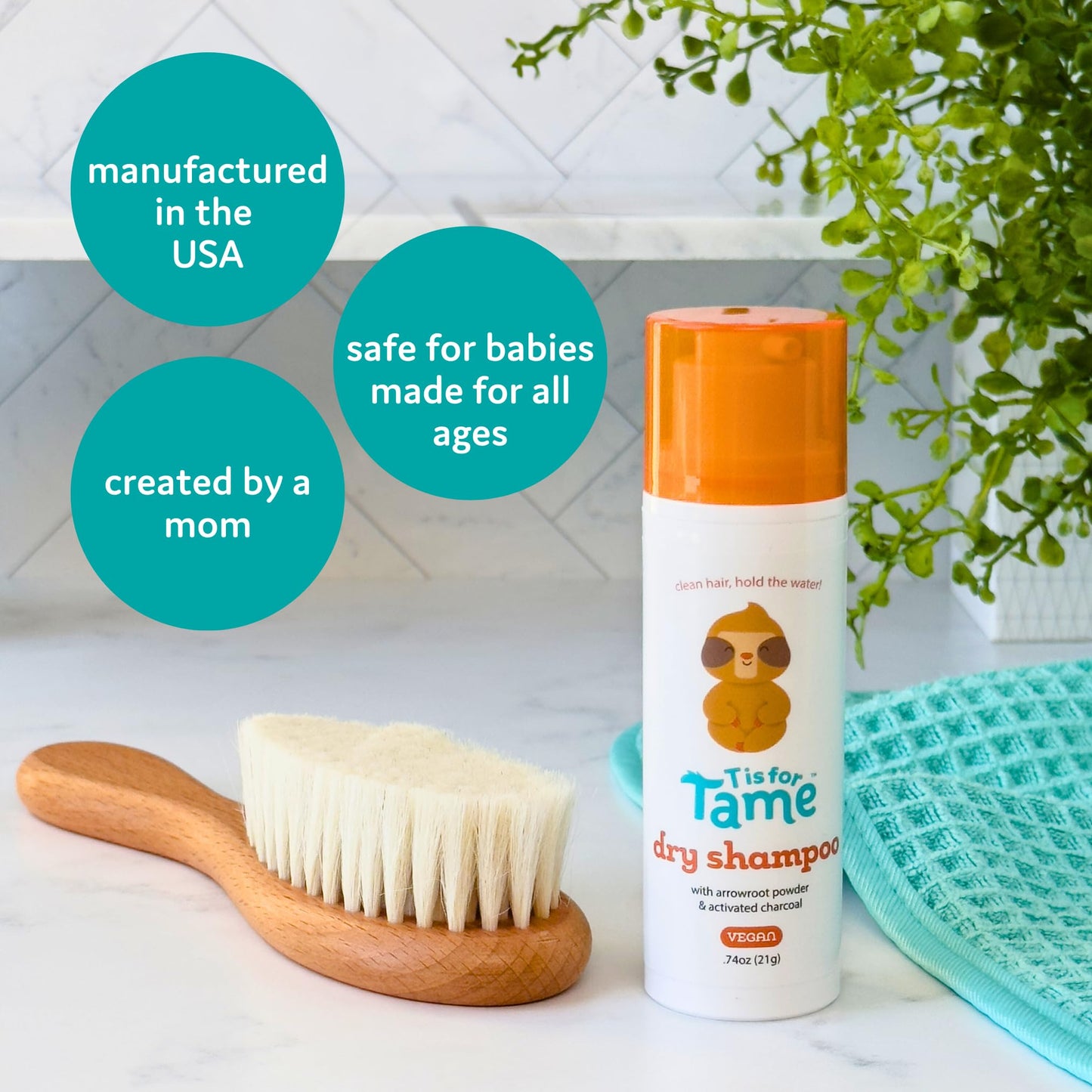 T is for Tame - Powder Puff Dry Shampoo for Babies & Kids - Gentle Hair Formula with Arrowroot Powder & Activated Charcoal, Mess-Free Application