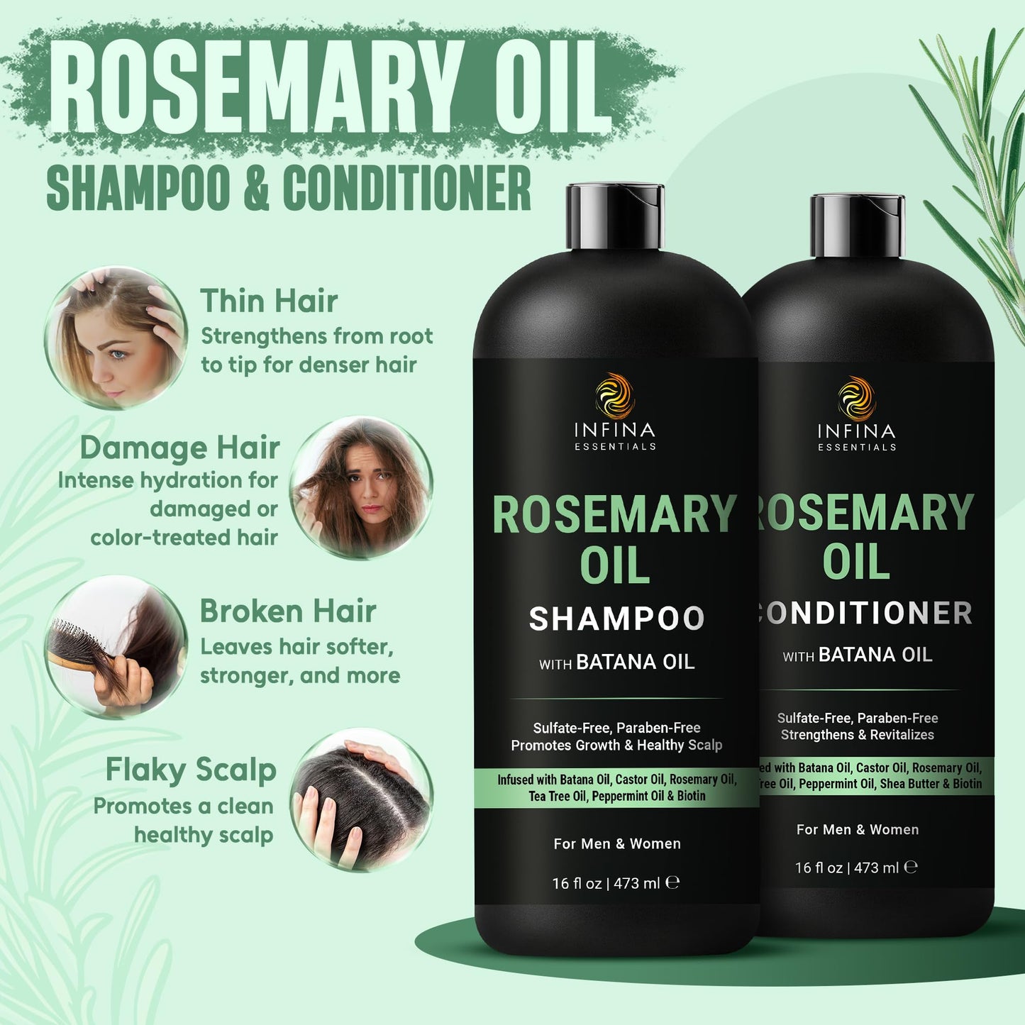 INFINA ESSENTIALS Rosemary Oil Shampoo and Conditioner Set | 16 fl oz Each | with Batana Oil & Biotin | Sulfate-Free Thickening Formula for Thinning
