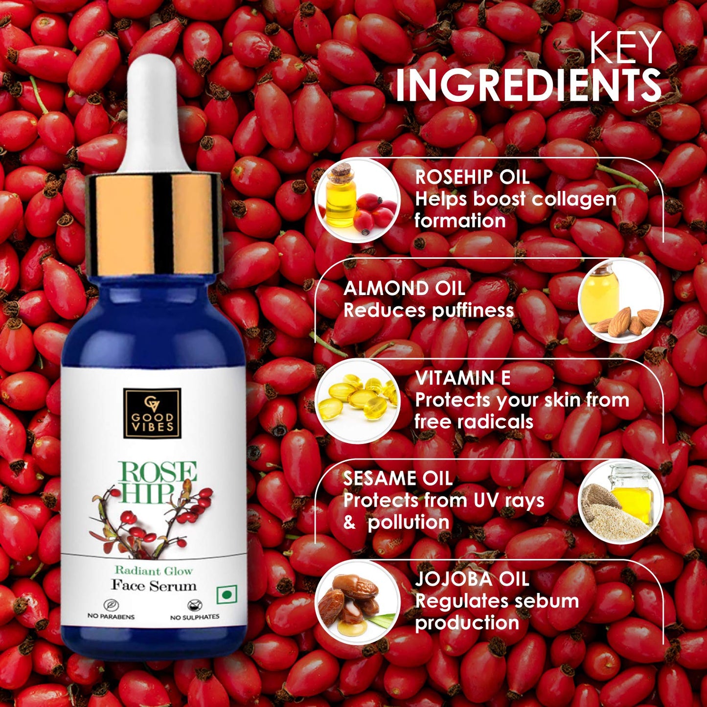 Good Vibes Rosehip Face Serum with Vitamin E | Hydrating Serum for Reducing Dark Circle & Spots | Ideal for Dry & Dehydrated Skin | 0.50 Fl Oz/15ml