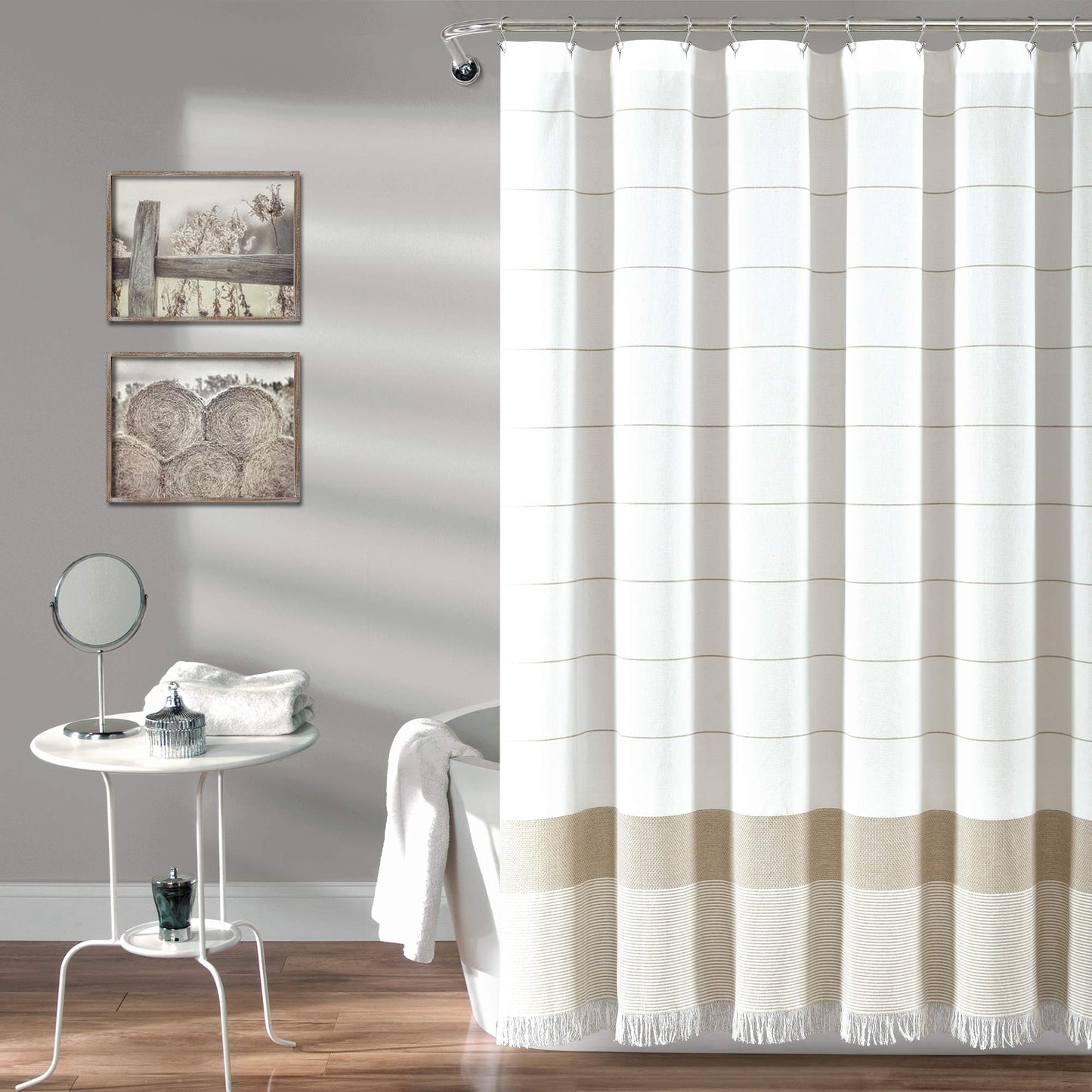 Lush Decor White Woven Cotton Shower Curtain with Taupe Stripe and Tassel Fringe, Bathroom Accessories (72" x 72")