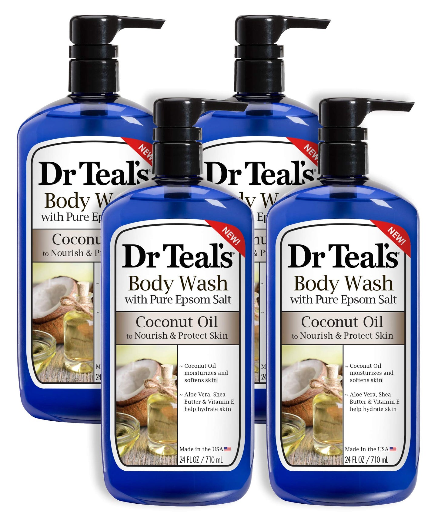 Dr Teal's Coconut Oil Body Wash, 4 Pack, 24 Fl Oz Each, Nourish & Protect, Moisturizing, Unisex