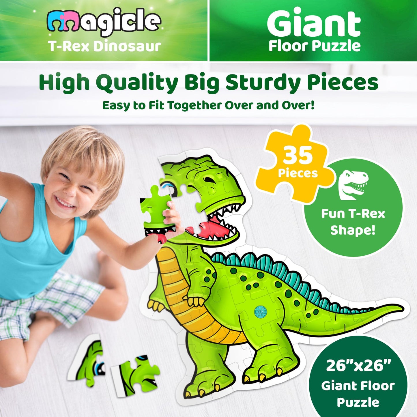 Dinosaur Giant Floor Puzzle with Sounds – 35-Piece Extra Thick Puzzle Toy for Kids Ages 3–8, Educational Dinosaur Toy & Gift