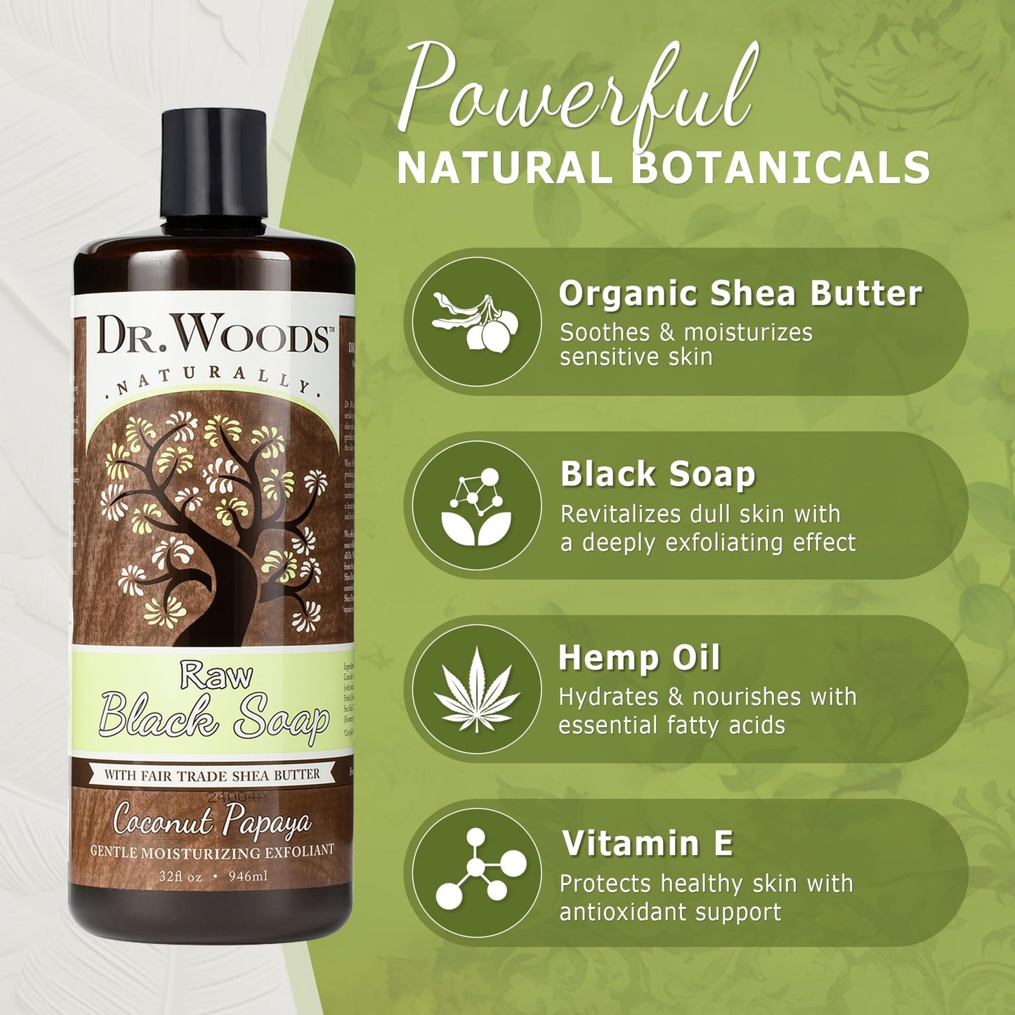 Dr. Woods Raw African Liquid Coconut Papaya Black Soap- Body Wash for Men & Women, Organic Shea Butter, Gentle Exfoliant, Coconut & Papaya Fragrance