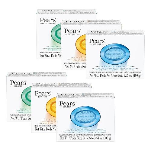 Pears Variety 6 Pack - Pure and Gentle Bar Soap with Glycerin - Includes Lemon Flower, Mint Extracts, and Amber - Soap Bar for Women and Men - 6 pc