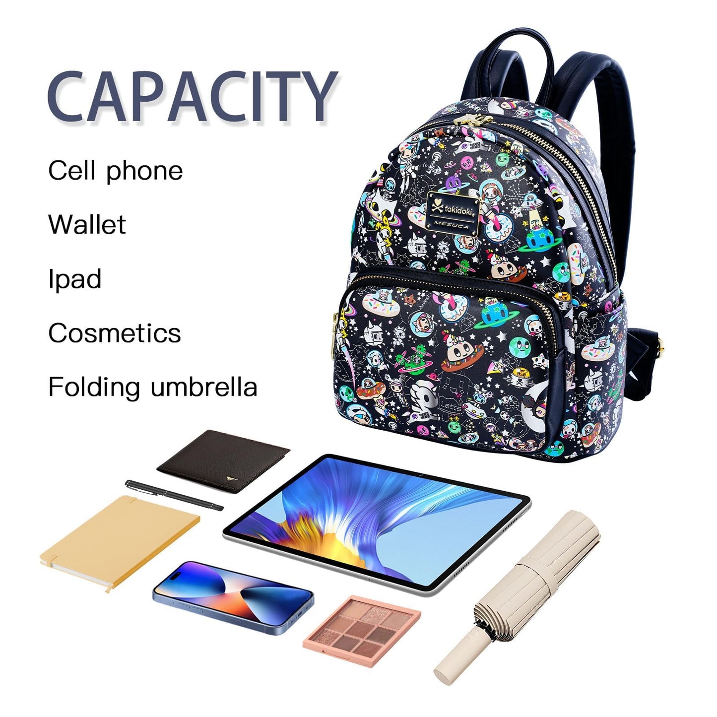 Tokidoki Mini Backpack Purse for Women, Unicorno Black PU Leather Shoulder Bag Daypack Handbag for Work Shopping Travel (PU-Black)