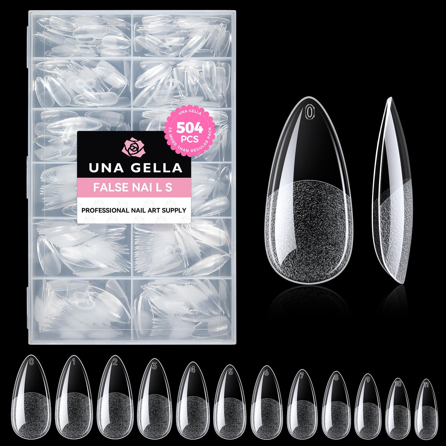 UNA GELLA Almond Gel Nail Tips, 504PCS Pre Etched Clear Fake Nails Tips Medium Almond Shape - 12 Sizes Full Cover Soft Acrylic Press On Nail