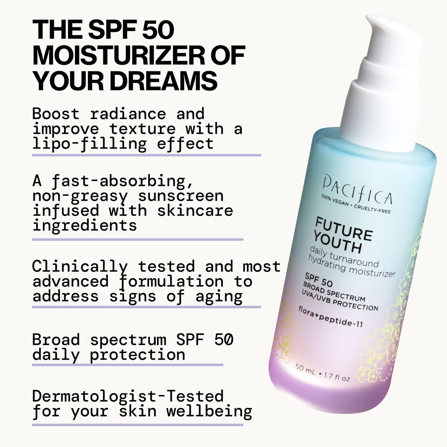 Pacifica Peptide Face Moisturizer Future Youth Daily Turnaround Hydrating, SPF 50 Broad Spectrum, UVA/UVB Sun Protection, Sunscreen, Face Moisturizer