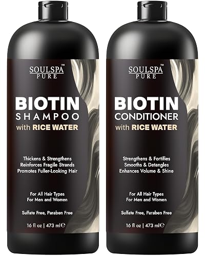 SOULSPA PURE Biotin Rice Water Shampoo and Conditioner Set - Thickening Formula with Rice Protein & Keratin - Strengthening Hair Care for Thinning