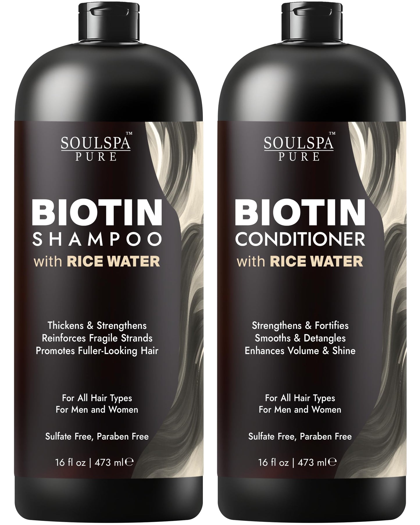 SOULSPA PURE Biotin Rice Water Shampoo and Conditioner Set - Thickening Formula with Rice Protein & Keratin - Strengthening Hair Care for Thinning