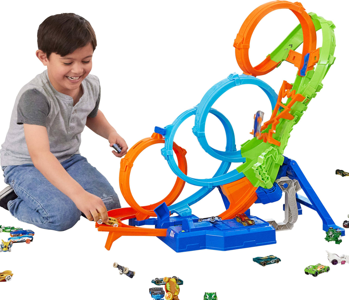 Hot Wheels Track Set with 4 Loops, 3-Way Crash Zone & Motorized Booster, Folds for Storage, with 1:64 Scale Toy Car