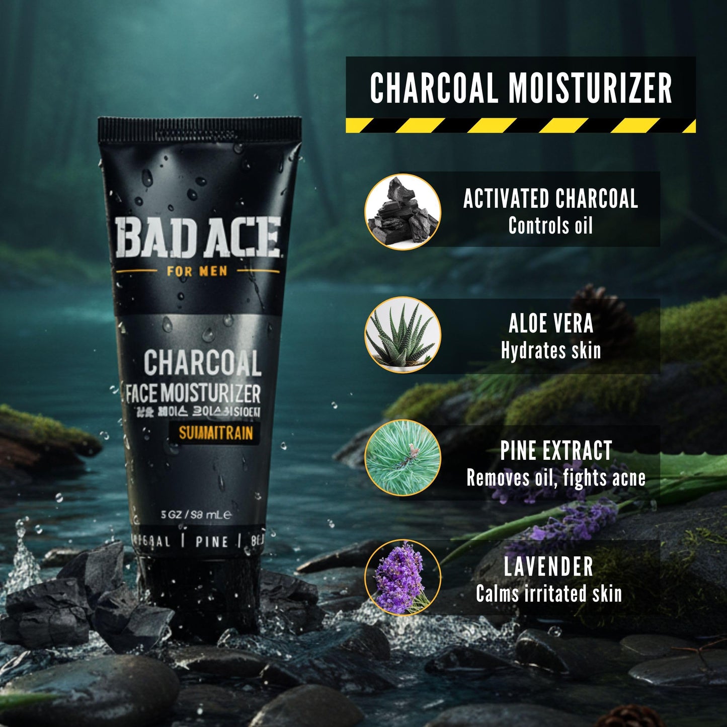 BAD ACE Daily Men's Face Moisturizer for Oily Skin, Premium Korean Skin Care Hydrating Facial Cream, Charcoal Face Lotion with Natural Extracts, Men’s