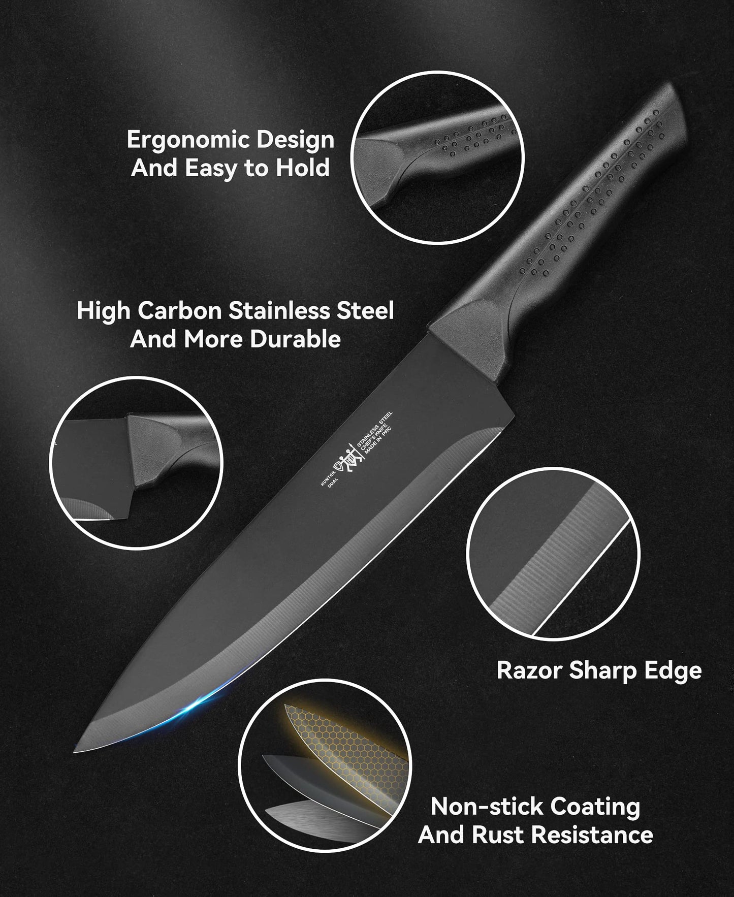15-Piece Kitchen Knife Set with Block – Self-Sharpening, Dishwasher Safe, Anti-Slip Handles, Includes 6 Steak Knives, Black