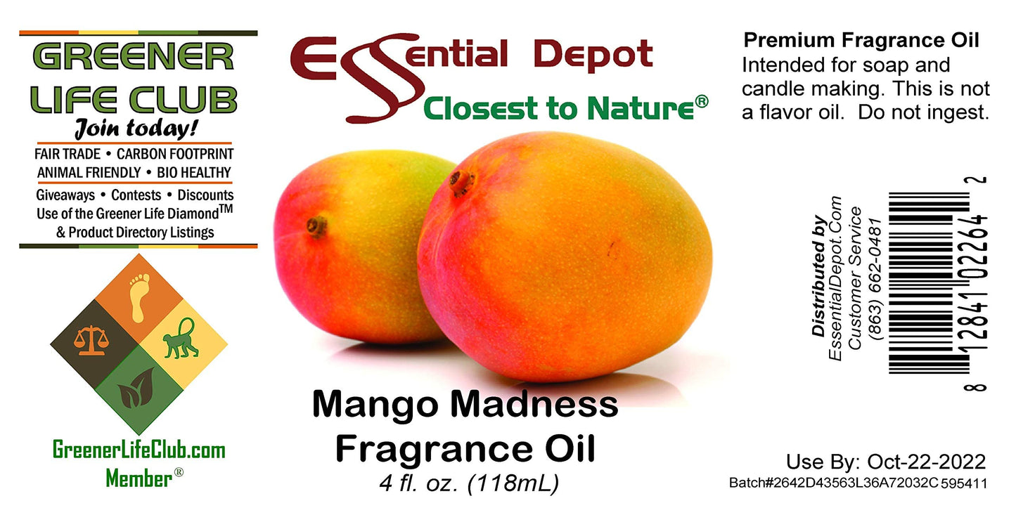 Essential Depot Mango Madness Fragrance Oil - Supplied in 4 oz. Amber Glass Bottle with Black Phenolic Cone Lined and Safety Sealed Cap.