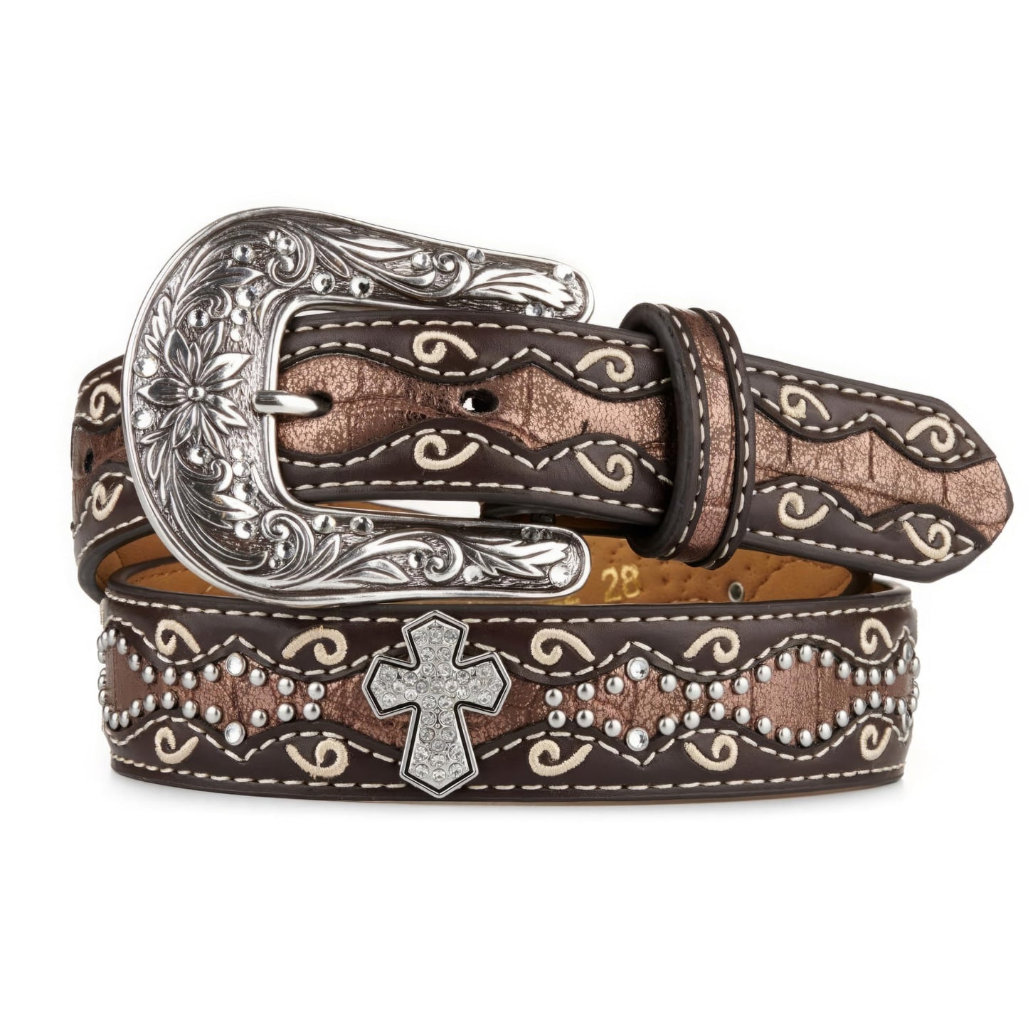 ARIAT Youth Girls Rhinestone Cross Conchos Faux Crocodile Belt, Brown, 24