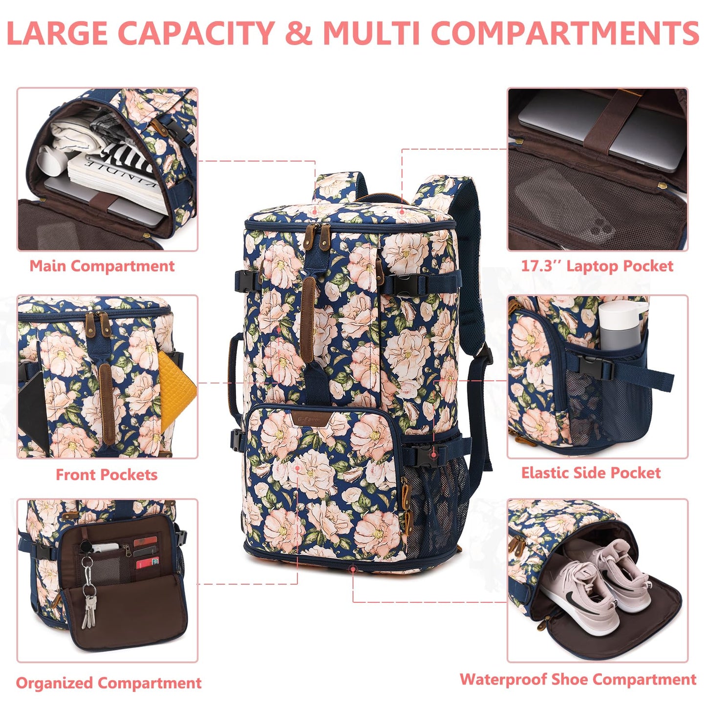 G-FAVOR Travel Backpack for Women, 40L Carry On Backpack Flight Approved Convertible Duffel Bag Backpack Fit for 17.3 Inch Laptop Bag, Floral