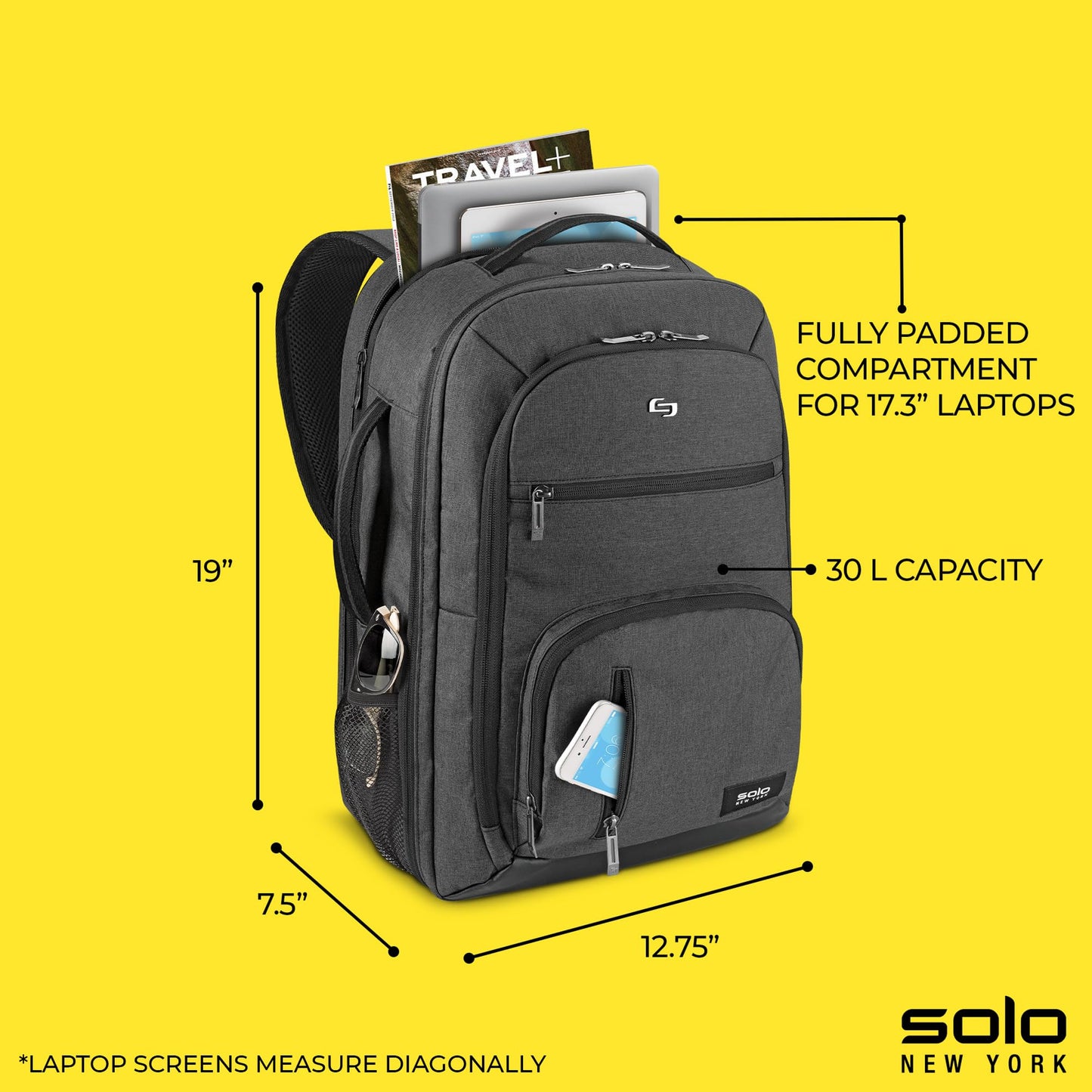 Solo New York TSA Laptop Backpack for Women & Men -Carry On Bookbag for Travel & Work, Lightweight Bag, Mesh Side Pockets, Padded Straps, Fits 17.3" Computer - Grand Travel, Grey