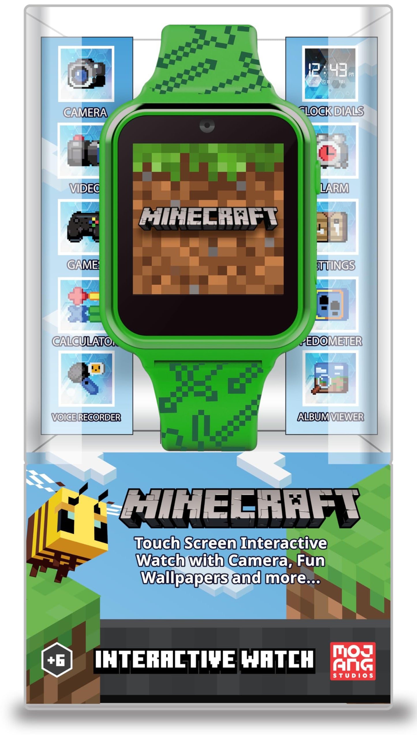 Minecraft Kids Smart Watch – Touchscreen with Camera, Video, Games, Alarm, Calculator, Pedometer & 10 Custom Clock Faces
