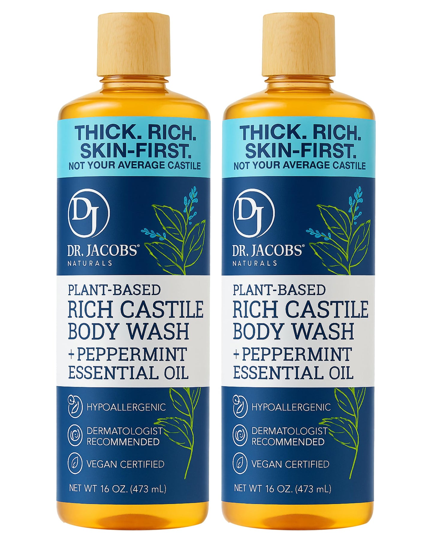 Dr. Jacobs Naturals Pure Castile Soap Liquid Body Wash, Peppermint - Plant Based Soap Infused with Vitamin E and Aloe Vera to Moisturize Dry