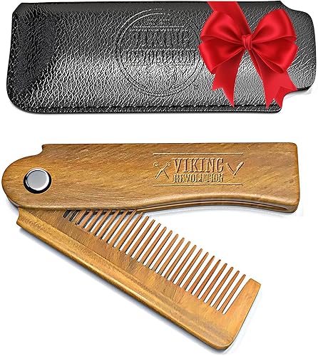 Folding Beard Comb w/Carrying Pouch for Men - All Natural Wooden Beard Comb w/Gift Box - Green Sandalwood Comb for Grooming & Combing Hair, Beards