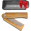 Folding Beard Comb w/Carrying Pouch for Men - All Natural Wooden Beard Comb w/Gift Box - Green Sandalwood Comb for Grooming & Combing Hair, Beards