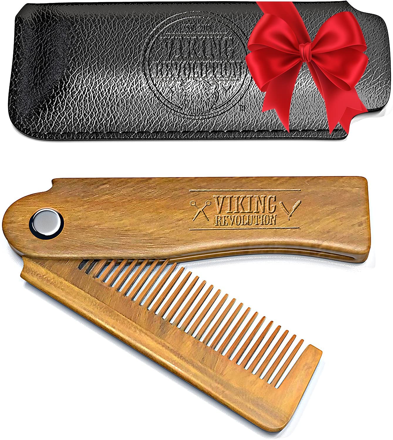 Folding Beard Comb w/Carrying Pouch for Men - All Natural Wooden Beard Comb w/Gift Box - Green Sandalwood Comb for Grooming & Combing Hair, Beards